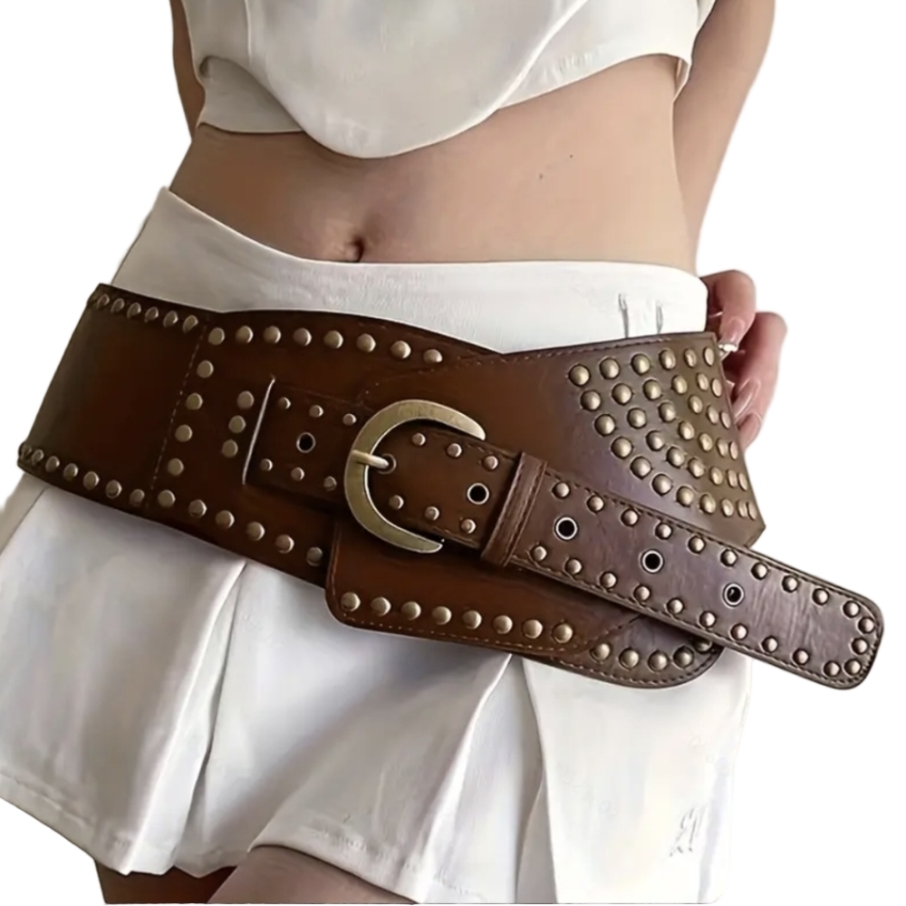 Belt M L Wide Studded Rocker Belts Retro Punk Fashion Brown Black Belt - Picture 14 of 14